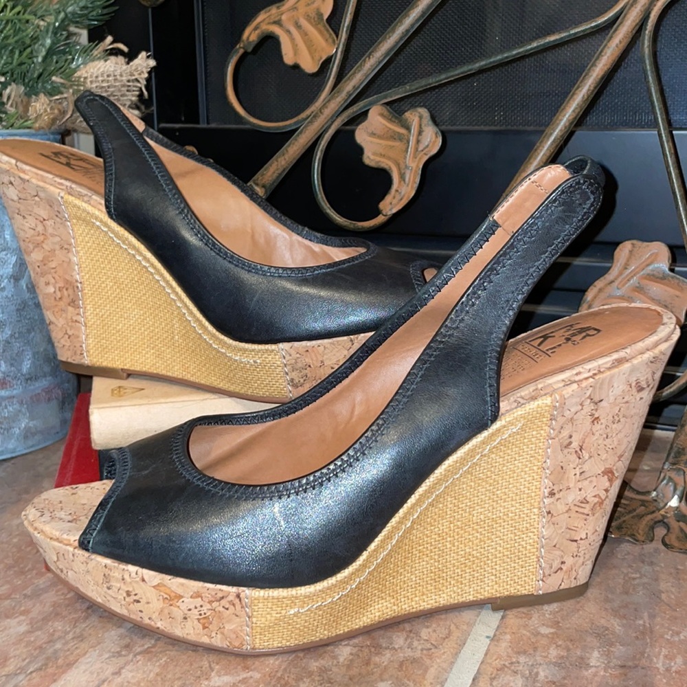 Size 9 Market Cork Wedge Black Leathers